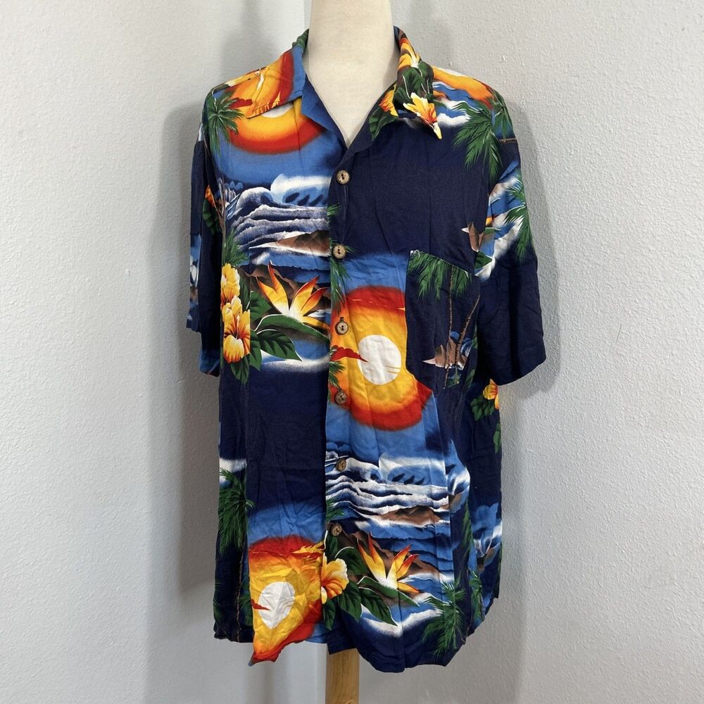 Kennington California Shirt Mens L Sunset Palm Trees Hawaiian Aloha Vacation